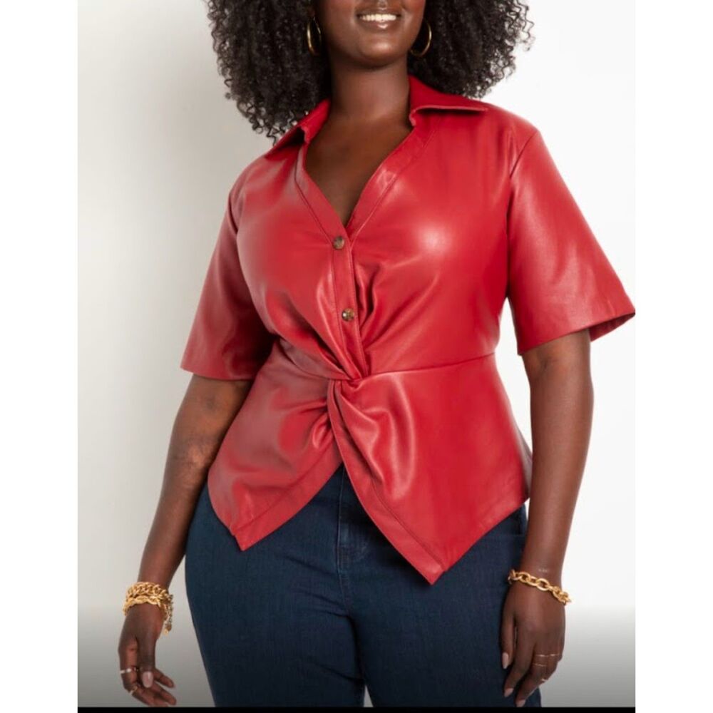 Eloquii Faux Leather Short Sleeve Twist Top Size 24 in Biking Red*